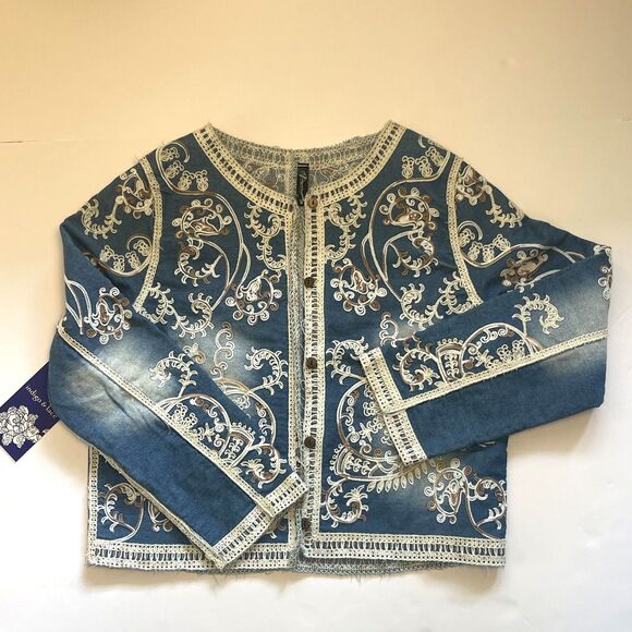 Indigo & Lace Boho Embroidered Denim Jacket Sz M Romantic Crochet Cottage Folksy - Picture 4 of 11